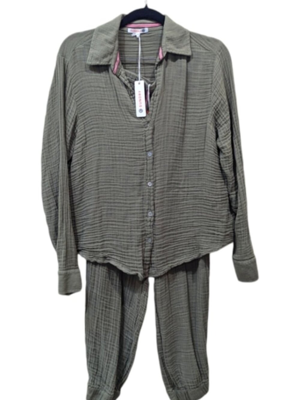 Sundry Two Piece Green Gauzy Lightweight Textured Pajama Lounge Set (1/S)